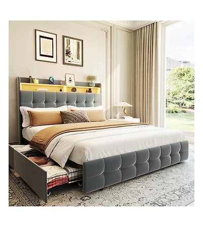 gaomon Bed Frame with Headboard and 2 Storage Drawers, Upholstered Bed Frame with Led Light, Modern Soft Bed with Charging Socket and Usb