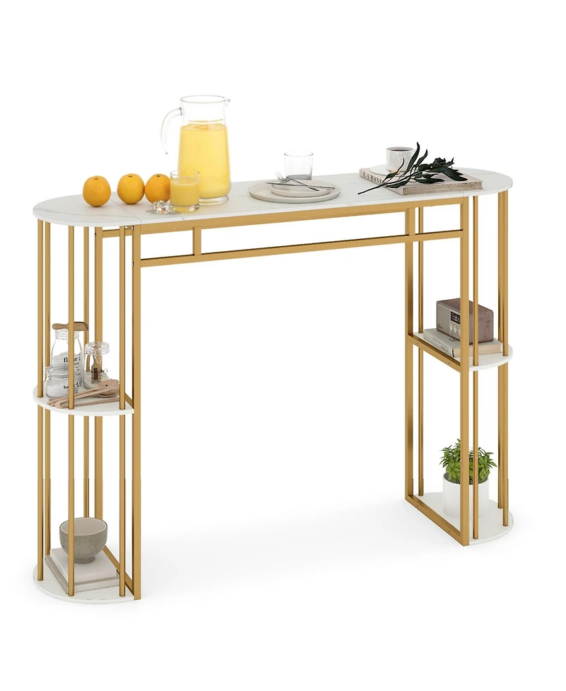 Gymax 60'' Long Bar Table Narrow Pub Table Faux Marble Tabletop and Storage Shelves