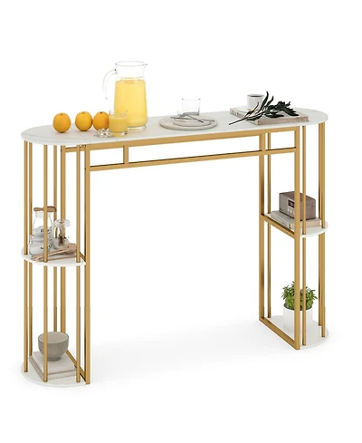 Gymax 60'' Long Bar Table Narrow Pub Table Faux Marble Tabletop and Storage Shelves