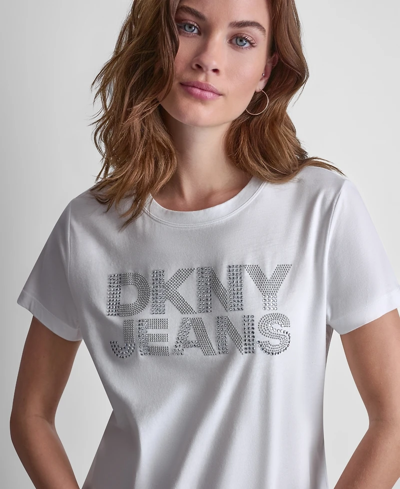 Dkny Jeans Women's Stacked Rhinestone Dome Stud Logo Crewneck T-Shirt