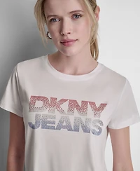 Dkny Jeans Women's Stacked Ombre Mini Rhinestone Logo Crewneck T-Shirt