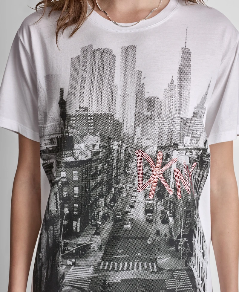 Dkny Jeans Women's New York Stacked Two-Tone Sequin Logo Crewneck T-Shirt