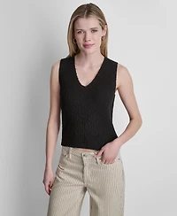 Dkny Jeans Women's Sleeveless V-Neck Rib Logo Charm Cotton Slub Sweater