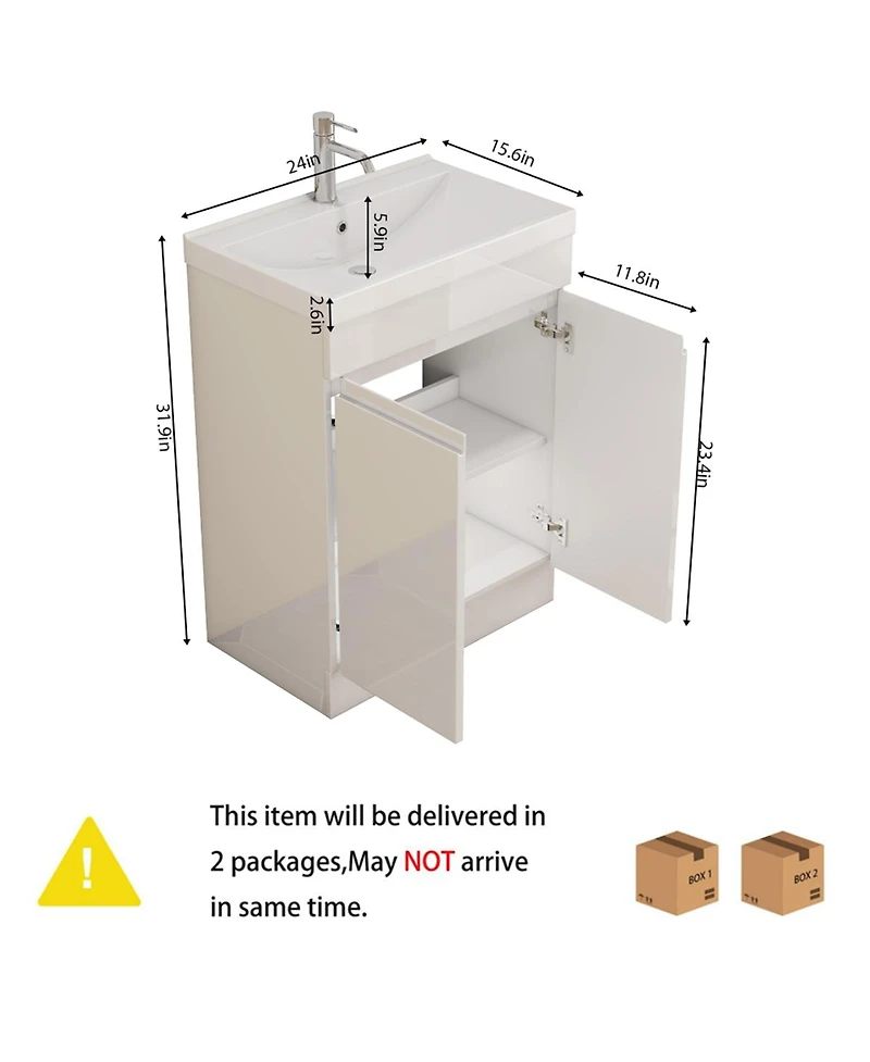 Sillysis 24 Inch Freestanding Bathroom Vanity with Ceramic Sink, Soft Close Doors, Modern Glossy White Srorage Cabinet