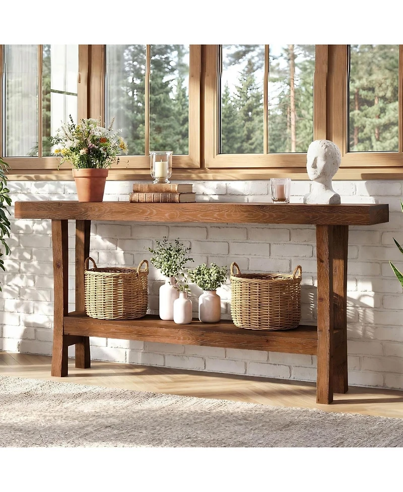 Tribesigns 63" Farmhouse Solid Wood Console Table, Narrow Entryway Table with 2-Tier Storage Shelf