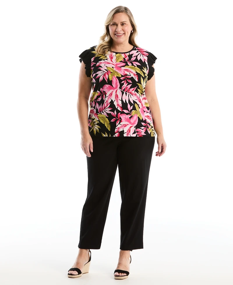 Rafaella Plus Tropical Print Ruffle Cap-Sleeve Top