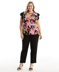 Rafaella Plus Tropical Print Ruffle Cap-Sleeve Top
