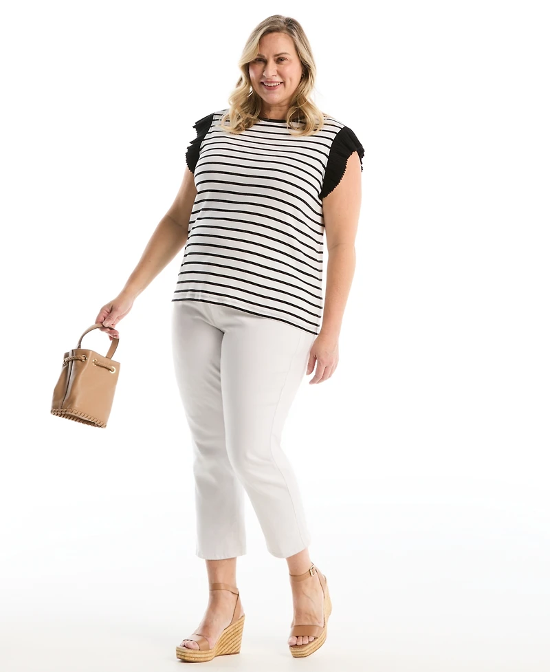 Rafaella Plus Striped Ruffle Cap-Sleeve Top