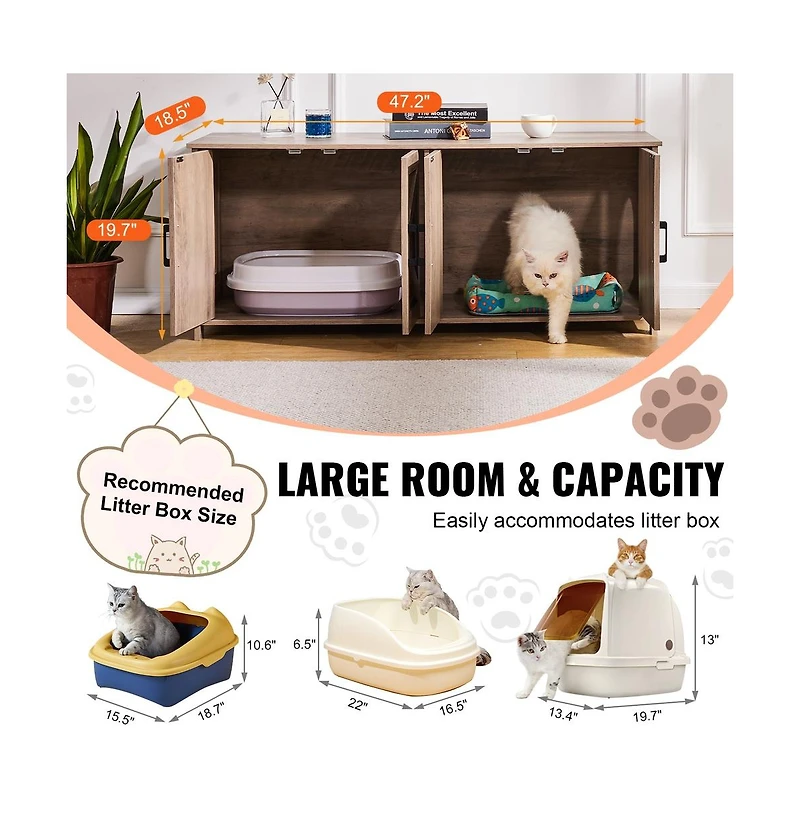 Sugift Cat Litter Box Enclosure for 2 Cats Litter Box Furniture Hidden with Double Rooms Wooden