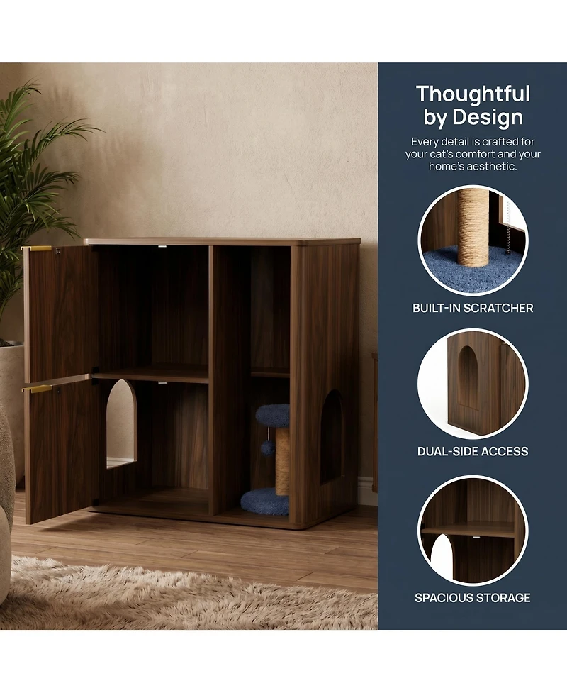 Zeus & Ruta 31.5'' Cat Litter Cabinet with Tree, Grooved Concealed Furniture Featuring Dual Doors