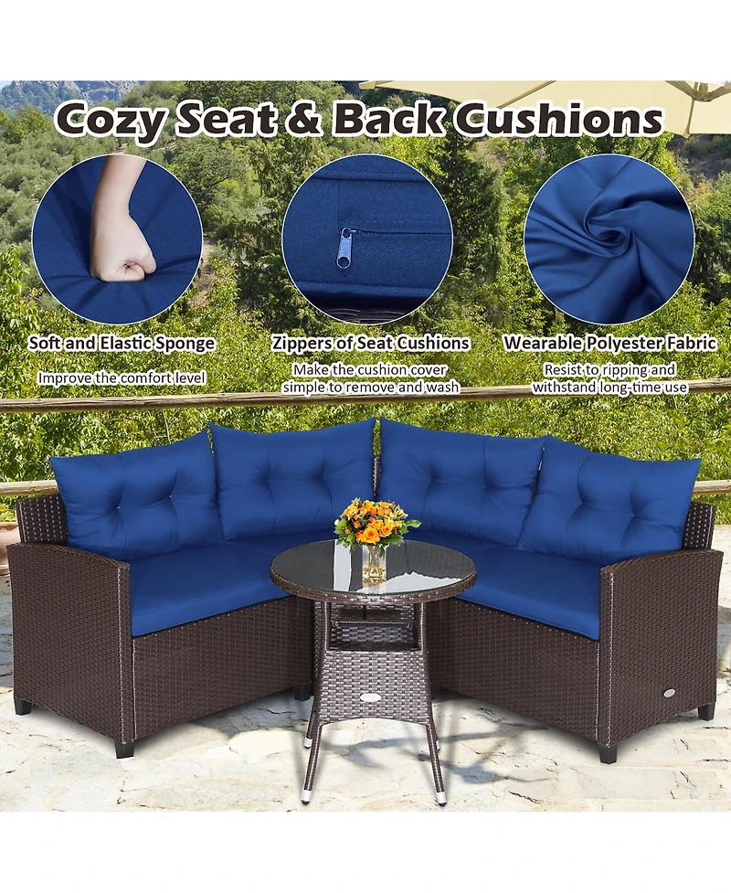 Costway 4PCS Patio Rattan Furniture Set Cushioned Sofa Glass Table Garden
