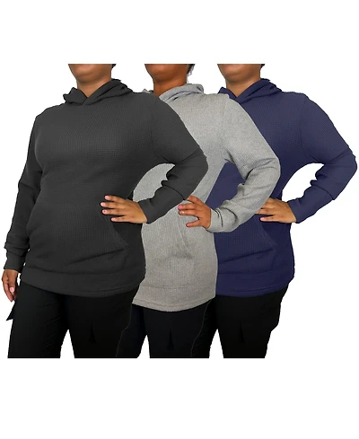 Blue Ice Women's Womeen's Loose Fit Waffle Knit Thermal Pullover Hoodie -3 Pack