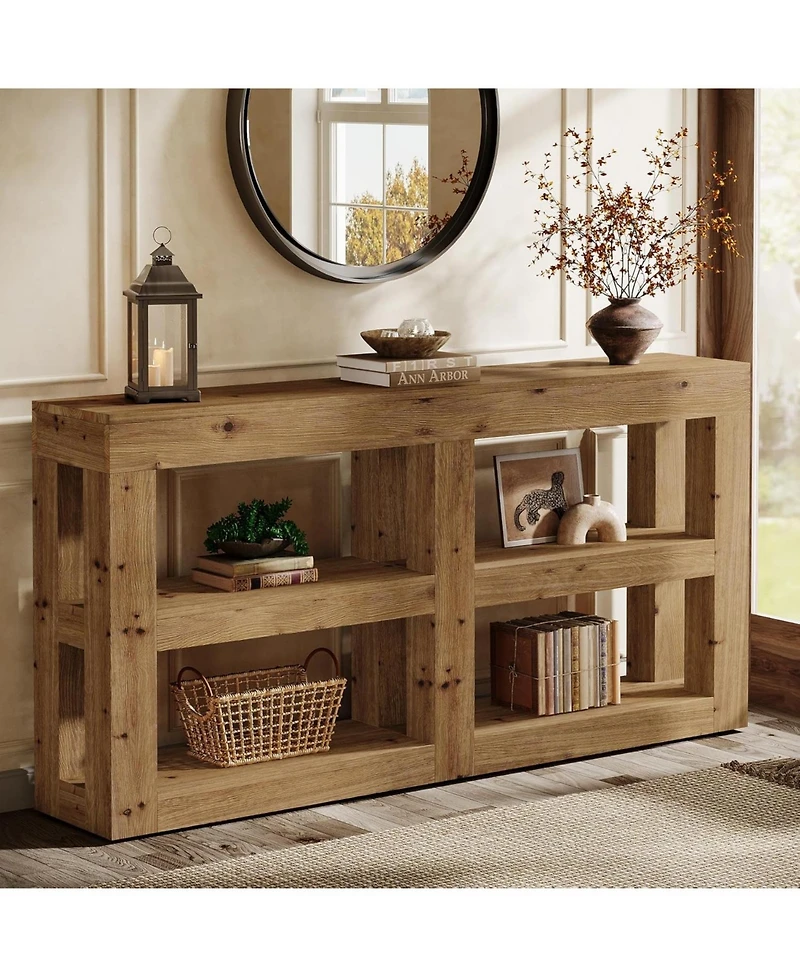 Tribesigns Solid Wood Console Table with Storage, 63" Entryway Table with 4 Cubes, Farmhouse 3-Tier Console