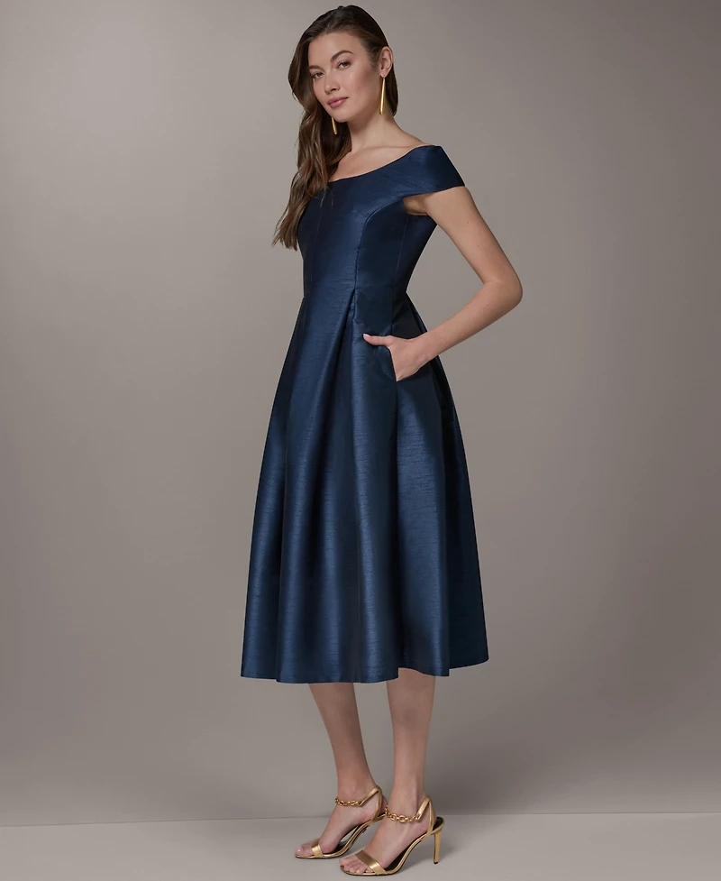 Donna Karan New York Women's Off-Shoulder Scoop Neck Jacquard Fit & Flare Midi Dress