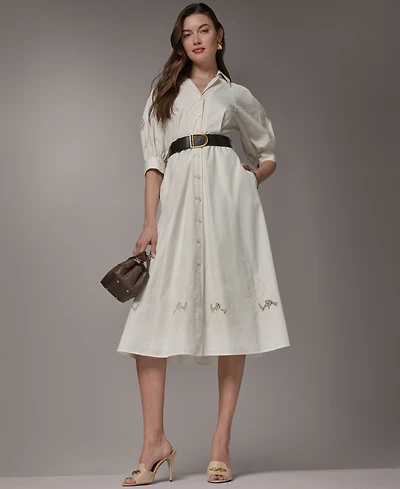 Donna Karan New York Women's Collared Shirt Midi Dress with Pu Belt