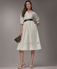 Donna Karan New York Women's Collared Shirt Midi Dress with Pu Belt