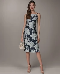 Donna Karan New York Women's Halter Jacquard Sheath Floral Sleeveless Midi Dress