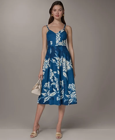 Donna Karan New York Women's V-Neck Linen Blend Fit & Flare Sleeveless Midi Dress