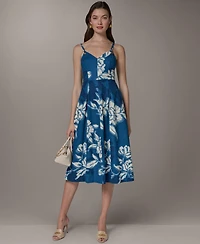 Donna Karan New York Women's V-Neck Linen Blend Fit & Flare Sleeveless Midi Dress