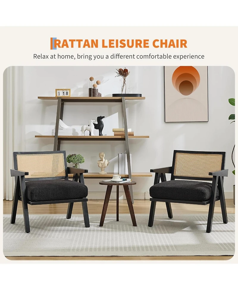 gaomon Wood Accent Chair with Rattan Backrest and Linen Cushion
