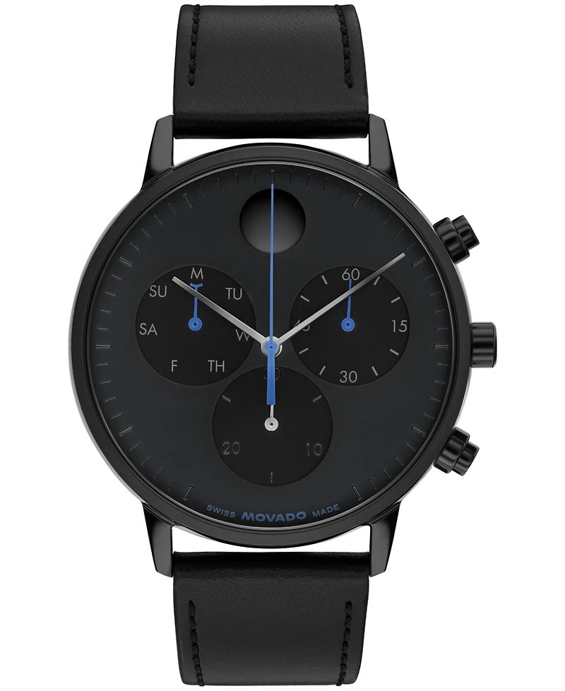 Movado Men's Face Swiss Quartz Chrono Black Leather Watch 43mm