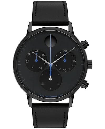 Movado Men's Face Swiss Quartz Chrono Black Leather Watch 43mm