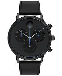 Movado Men's Face Swiss Quartz Chrono Black Leather Watch 43mm
