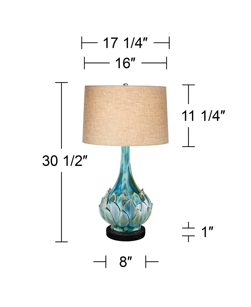 Possini Euro Design Kenya Modern Table Lamp with Round Riser 29 1/2" Tall Blue Green Ceramic Linen Drum Shade for Bedroom Living Room Kids