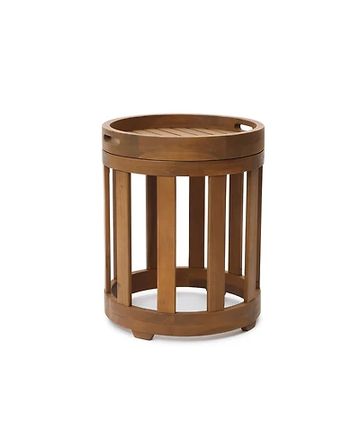 LuxenHome Acacia Outdoor Drum Side Table, Round Patio Table with Removable Tray Top and Oil Finish
