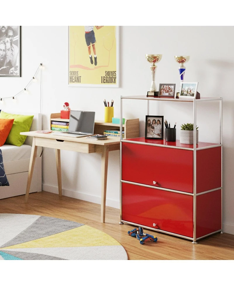 4-Tier Modular Metal Storage Cabinet, Modern Accent Sideboard with Doors and Open Shelves for Home & Office, Red
