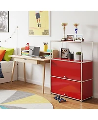 4-Tier Modular Metal Storage Cabinet, Modern Accent Sideboard with Doors and Open Shelves for Home & Office, Red