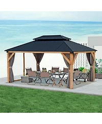 gaomon Hardtop Wood Gazebo 10ft x 12ft for All Weather, Double Metal Roof, Heavy Duty Wooden Frame, Net, and Curtain, Permanent Building for Patio