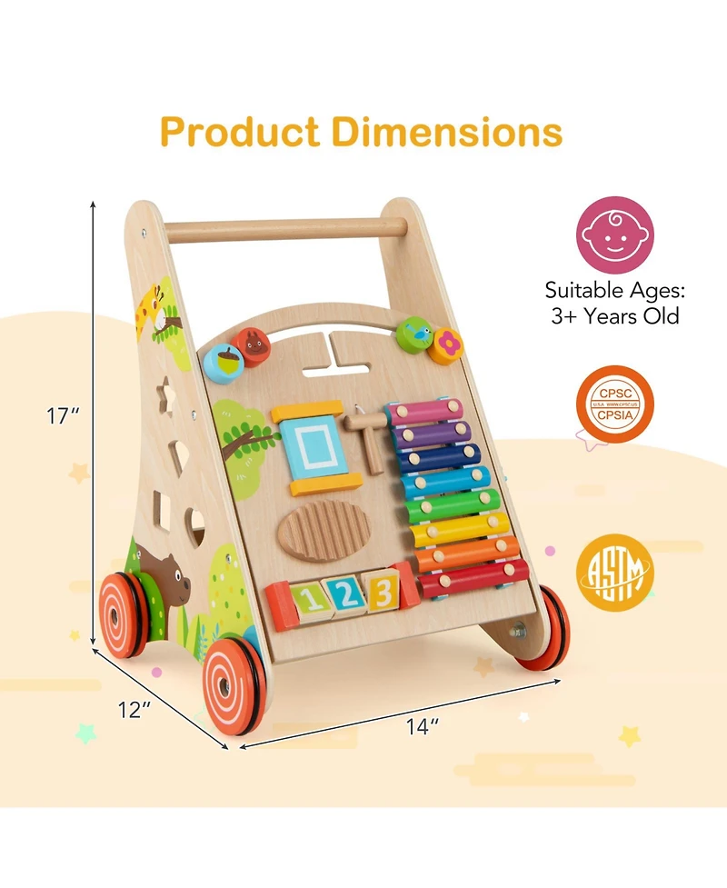 Slickblue Wooden Baby Push and Pull Walker with Storage and Sturdy Handle-Light Brown
