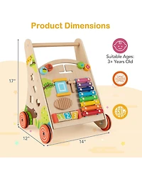 Slickblue Wooden Baby Push and Pull Walker with Storage and Sturdy Handle-Light Brown