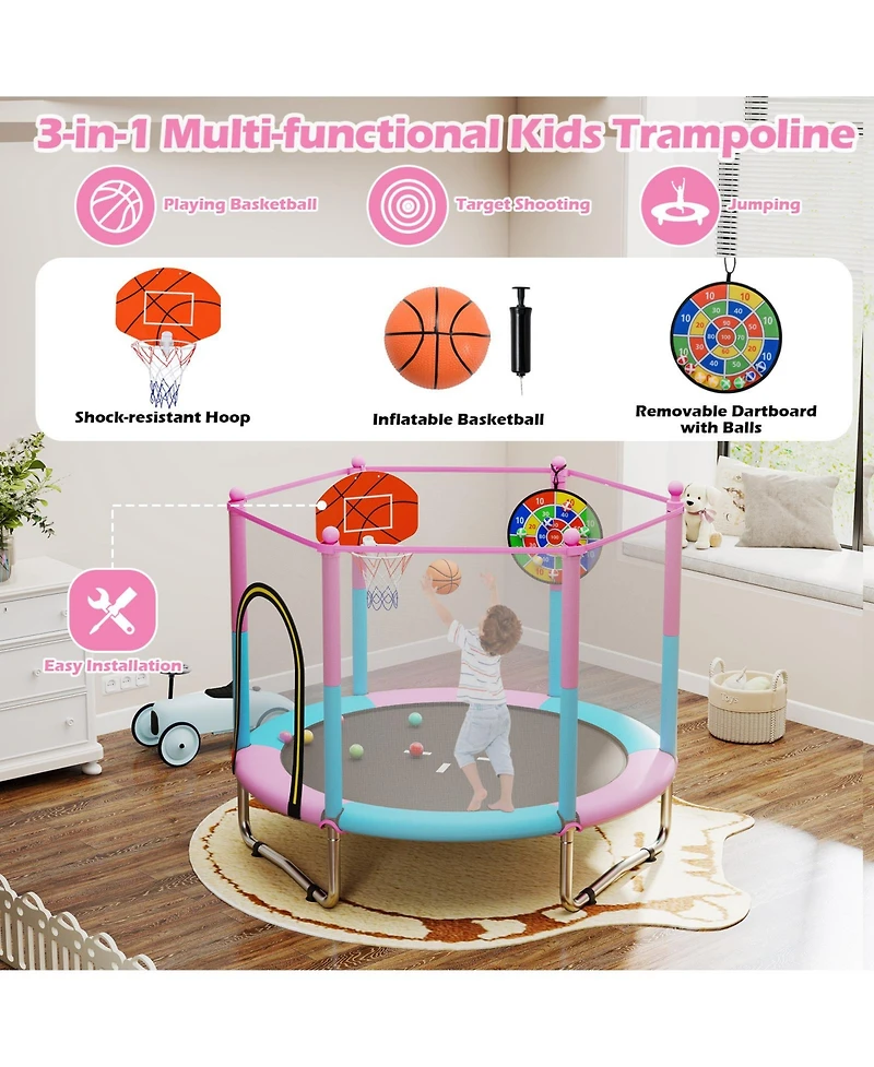 Slickblue Macaron Kids 60 Inch Trampoline with Basketball Hoop and Safety Net