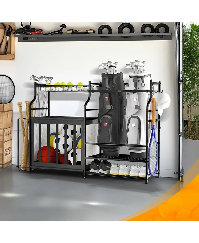 Mythinglogic Golf Bag Organizer Rack with Ball Storage, Shelf and Hooks for Garage Sports Gear