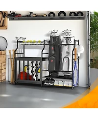 Mythinglogic Golf Bag Organizer Rack with Ball Storage, Shelf and Hooks for Garage Sports Gear