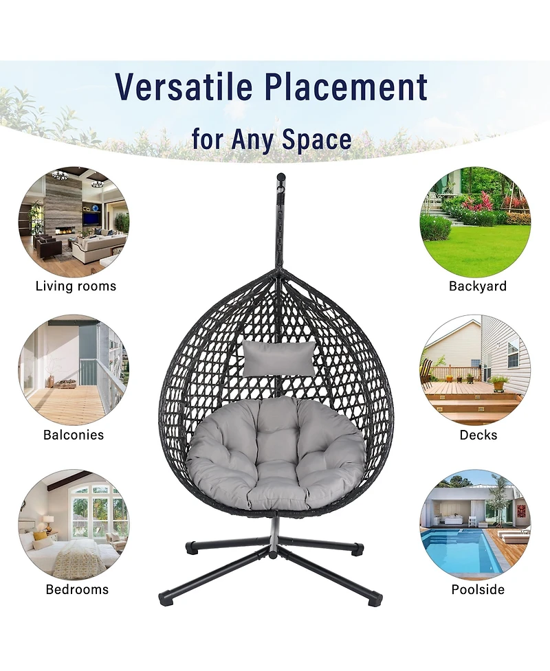 Rainsken Egg Hanging Chair, Foldable Pe Rattan Hammock Swing Chair with Soft Removable Cushion, 330 lbs Capacity for Balcony and Garden