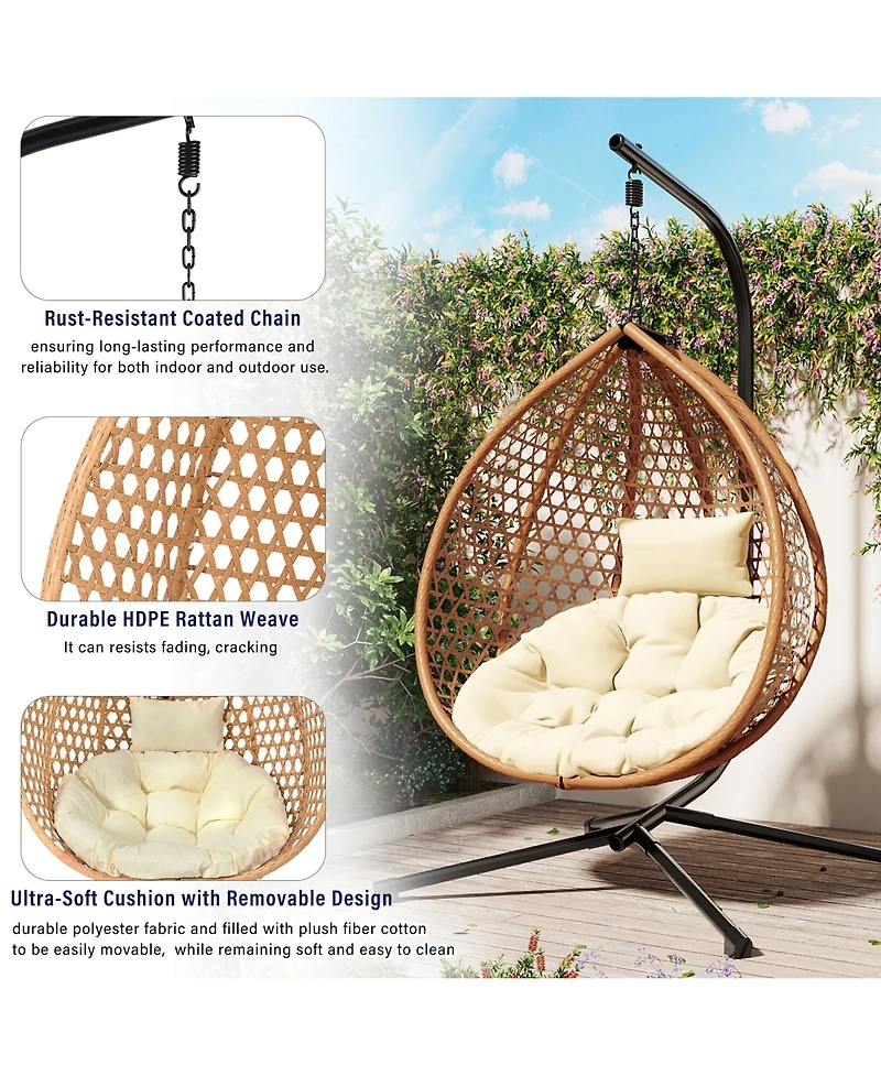 Rainsken Egg Hanging Chair, Foldable Pe Rattan Hammock Swing Chair with Soft Removable Cushion, 330 lbs Capacity for Balcony and Garden