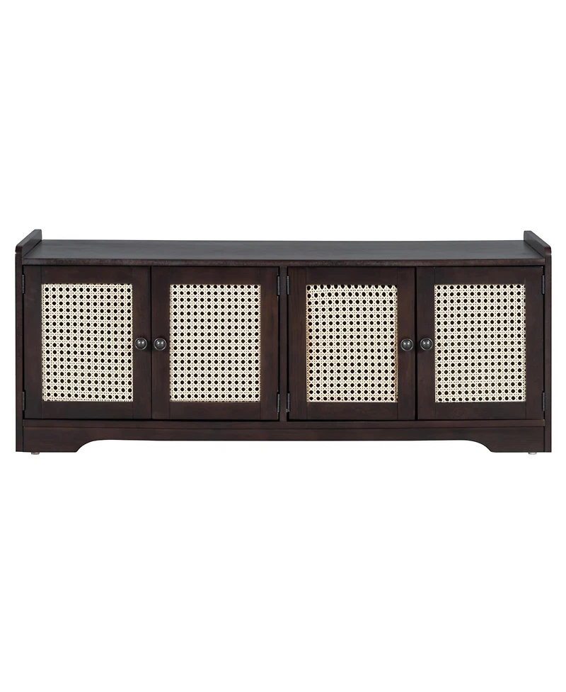 Streamdale Furniture Rustic Storage Bench with Cushion and Rattan Doors (Brown+Beige