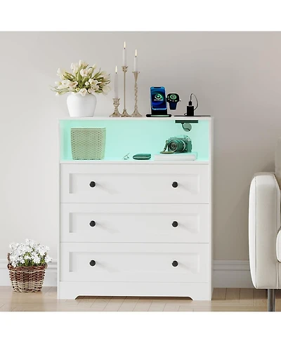 gaomon 3 Drawer Tall Dresser for Bedroom with Led Lights, Wood Dresser with Charging Station for Closet, Wooden Nightstand for Bedside