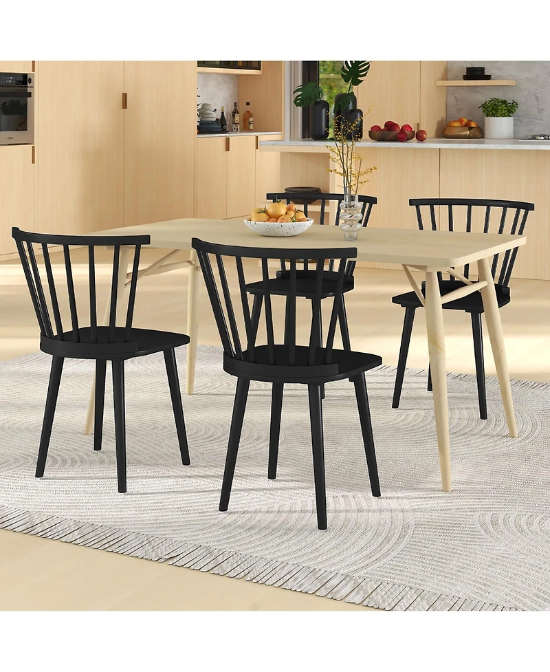 Gymax 4 Pcs Dining Chair Windsor High Spindle Back Wood Kitchen Chairs w/ Rubber Wood Frame Natural