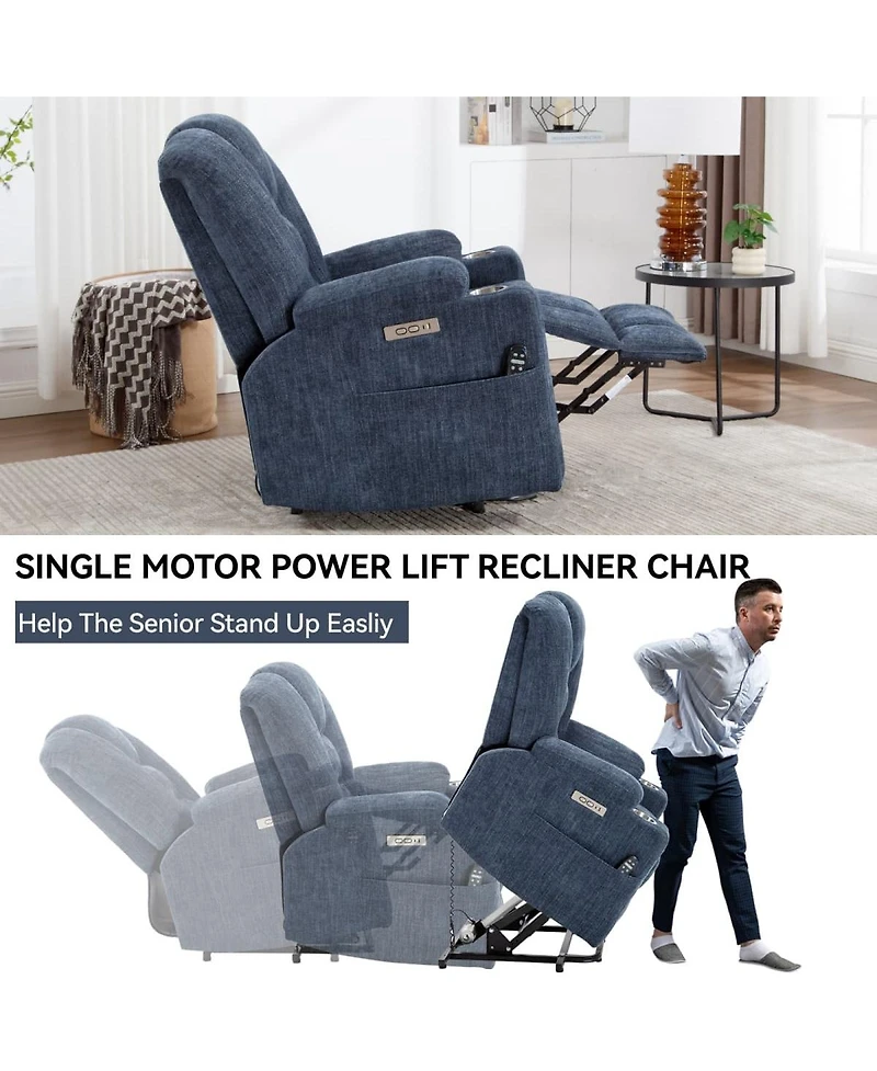 Maison Boucle Chenille Power Lift Recliner with Massage, Heat, Usb & Cup Holders, Wide Heavy-Duty Electric Chair for Seniors