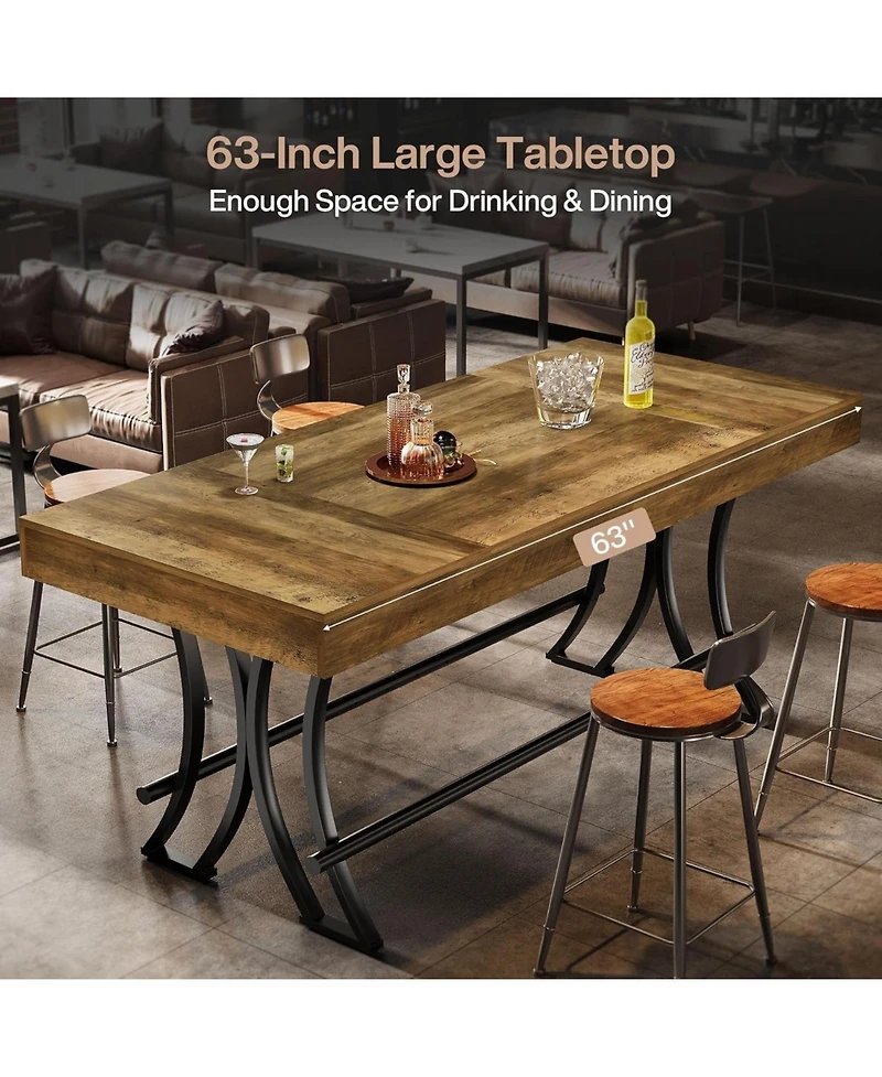 Tribesigns 63" Counter Height Dining Table with Metal Footrest, Rectangular Tall Kitchen Bar Table, Natural
