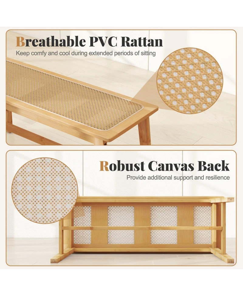 Gouun Bamboo Dining Bench with Woven Rattan Seat 660 lbs Capacity