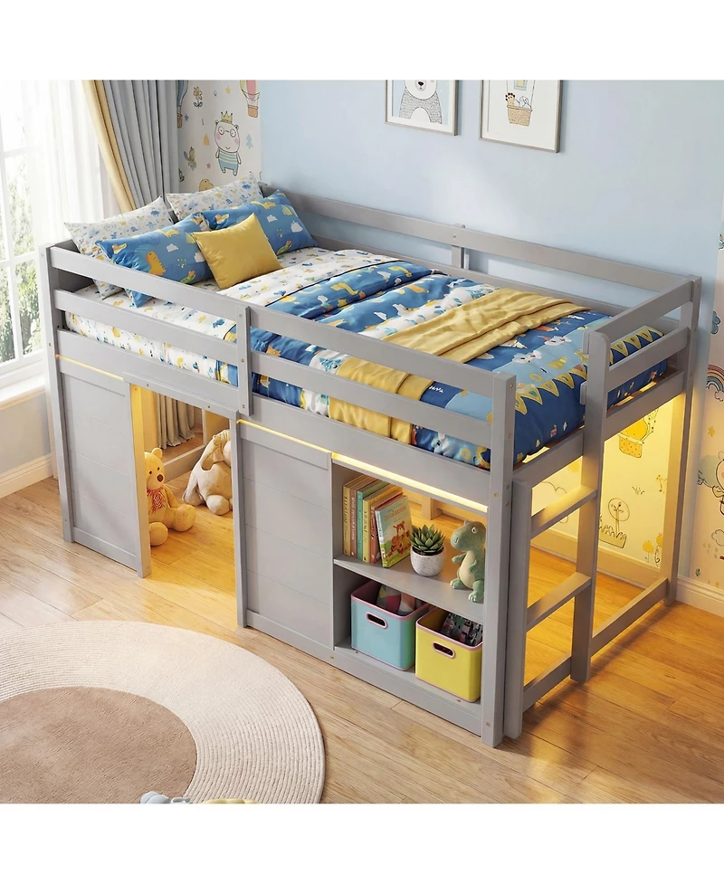 Slickblue Kids Wooden Low Loft Bed with Led Lighting and Dual Doors Storage Design
