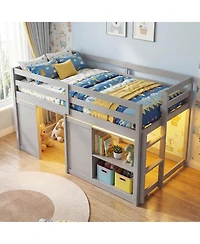Slickblue Kids Wooden Low Loft Bed with Led Lighting and Dual Doors Storage Design