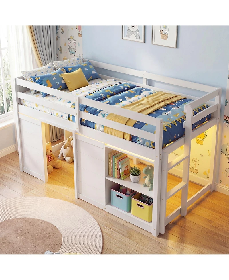 Slickblue Kids Wooden Low Loft Bed with Led Lighting and Dual Doors Storage Design