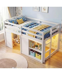 Slickblue Kids Wooden Low Loft Bed with Led Lighting and Dual Doors Storage Design
