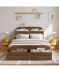 Homfan Wooden Beds with Storage Headboard and Raised-Foodboard, Twin-Floor Low Platform Bed for Bedroom